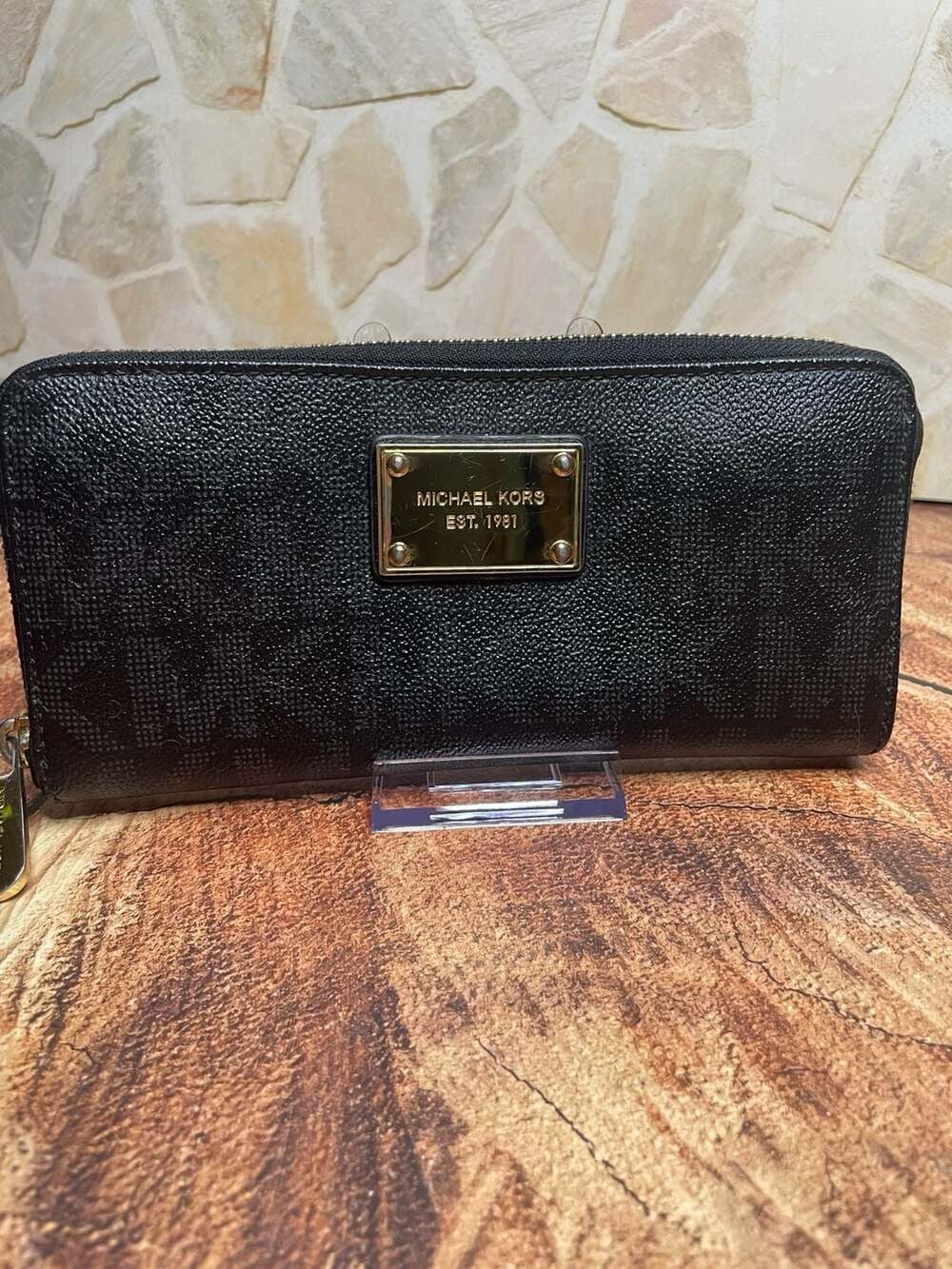Michael Kors Black Logo Print Saffiano Leather Continental Zip Around Wallet
